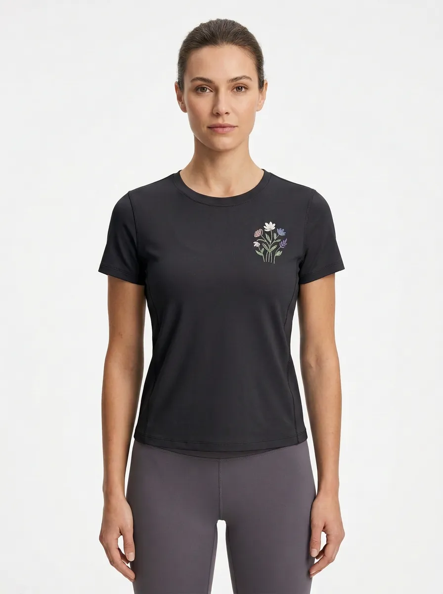 Women's Floral Embroidered Paneled Crewneck T-Shirt