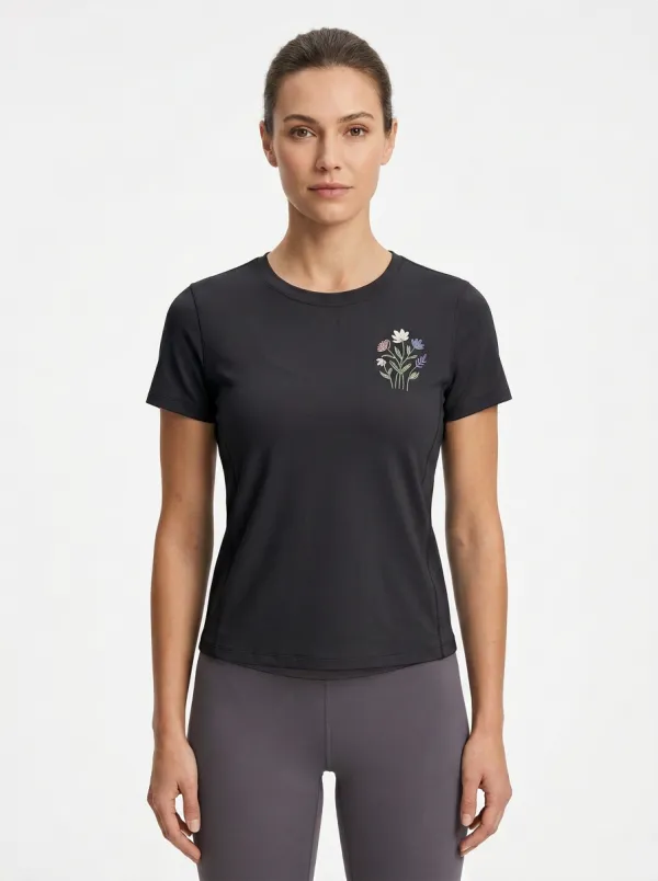 Women's Floral Embroidered Paneled Crewneck T-Shirt