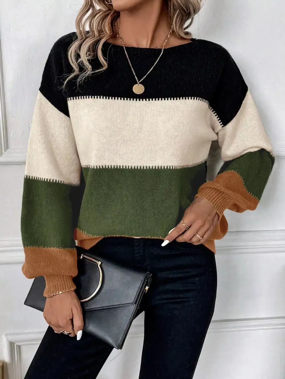 Color Block Round Neck Knit Sweater