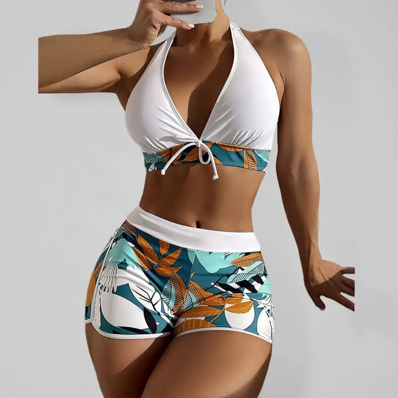 Split High Waist Boxer Ties Bikini Swim Set