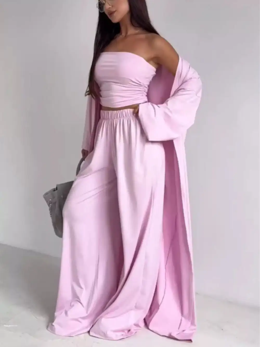 Tube Top & Cardigan & Wide Leg Pants Piece