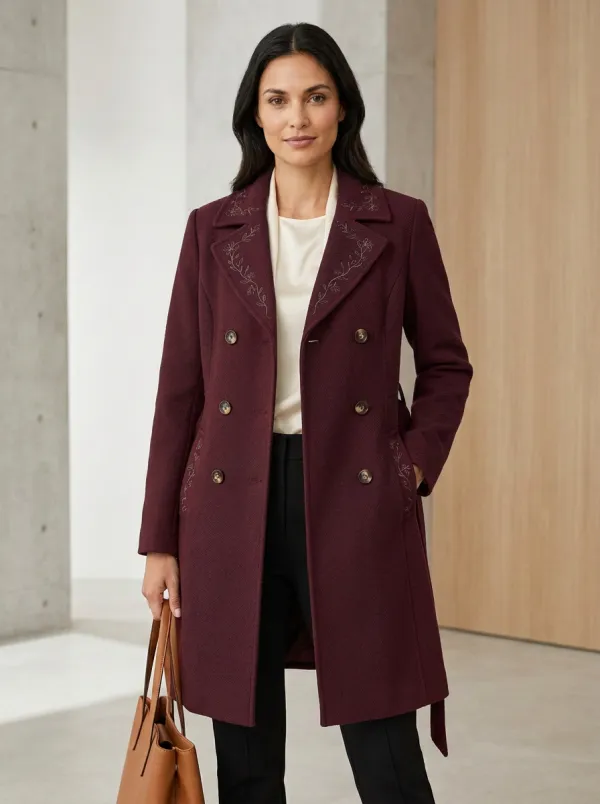 Women's Floral Embroidered Navy Blue Coat