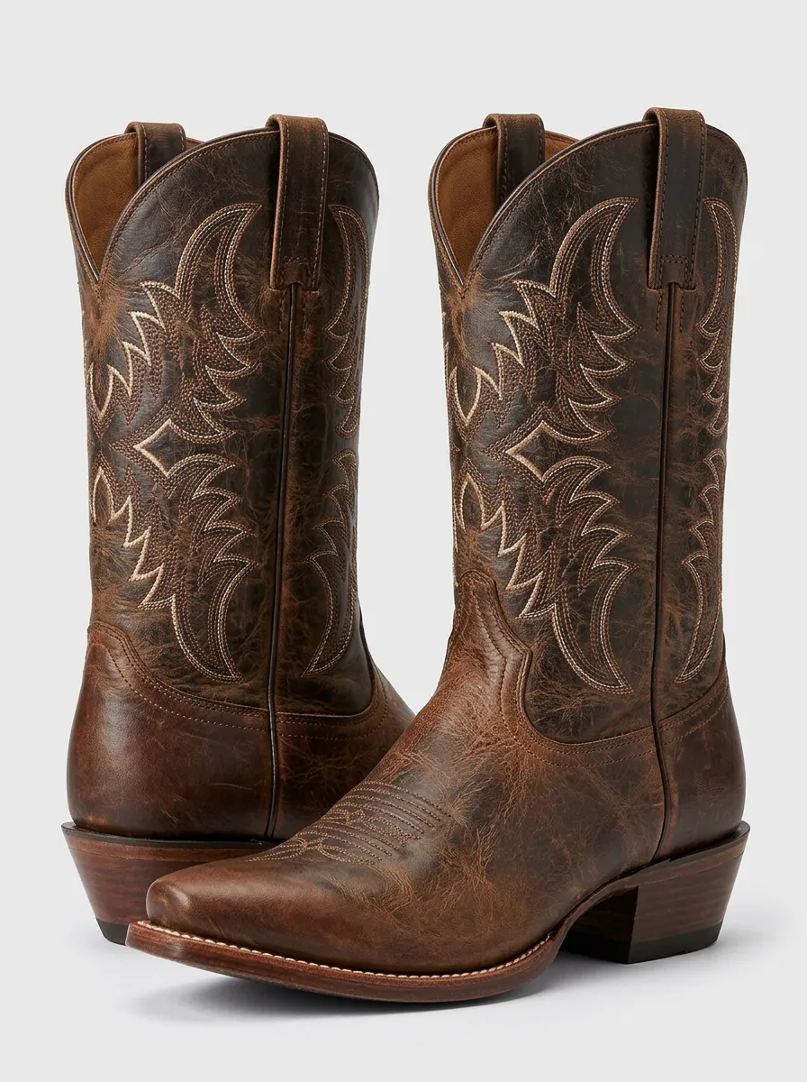 Country Road Embroidered Distressed Trail Look Unisex Western Cowboy Boots