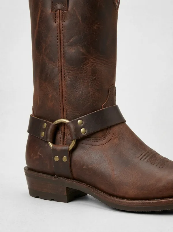 Men's Western Cowboy Brown Leather Harness Printed Boots