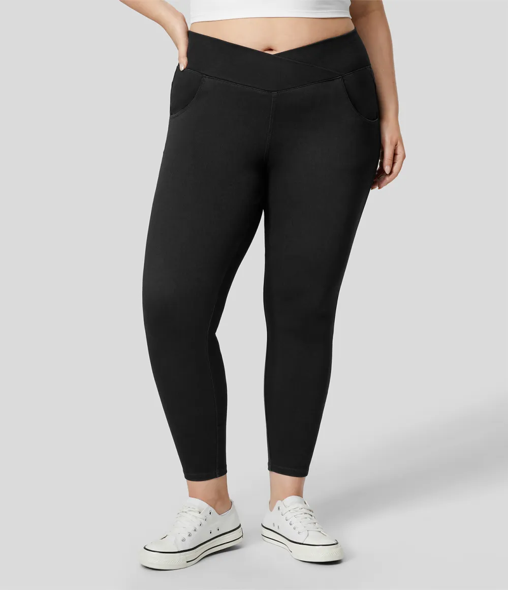 Magic High Waisted Crossover Multiple Pockets Stretchy Knit Denim 7/8 Plus Size Work Leggings