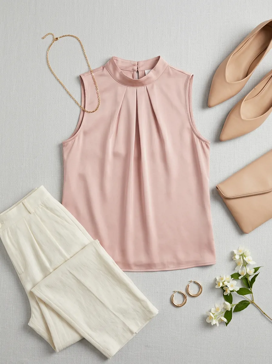 Pleated Mock Neck Sleeveless Blouse