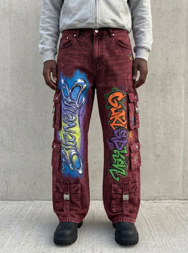 Men's Graffiti Art Acid Wash Graphic Cargo Jeans
