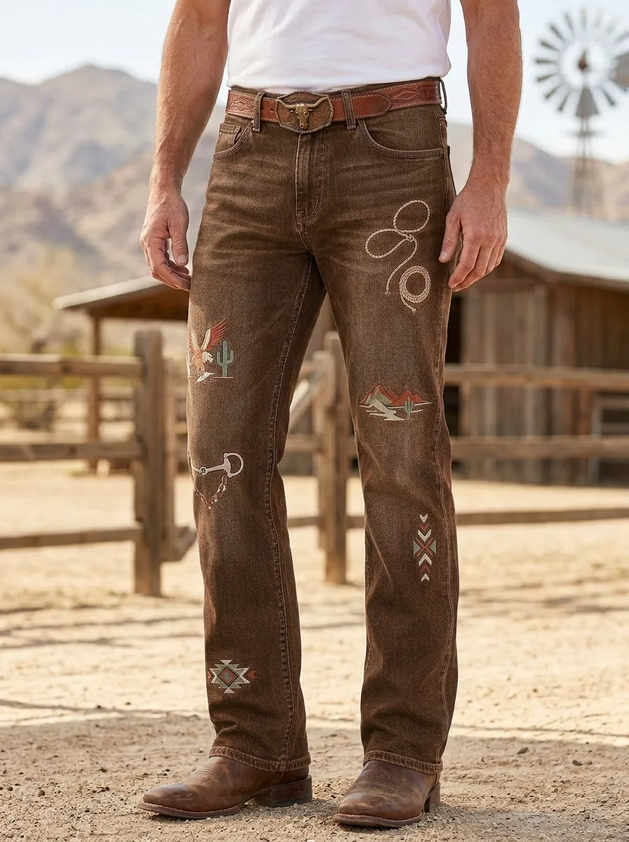 Men's Classic Western Cowboy Lasso Cactus Jeans
