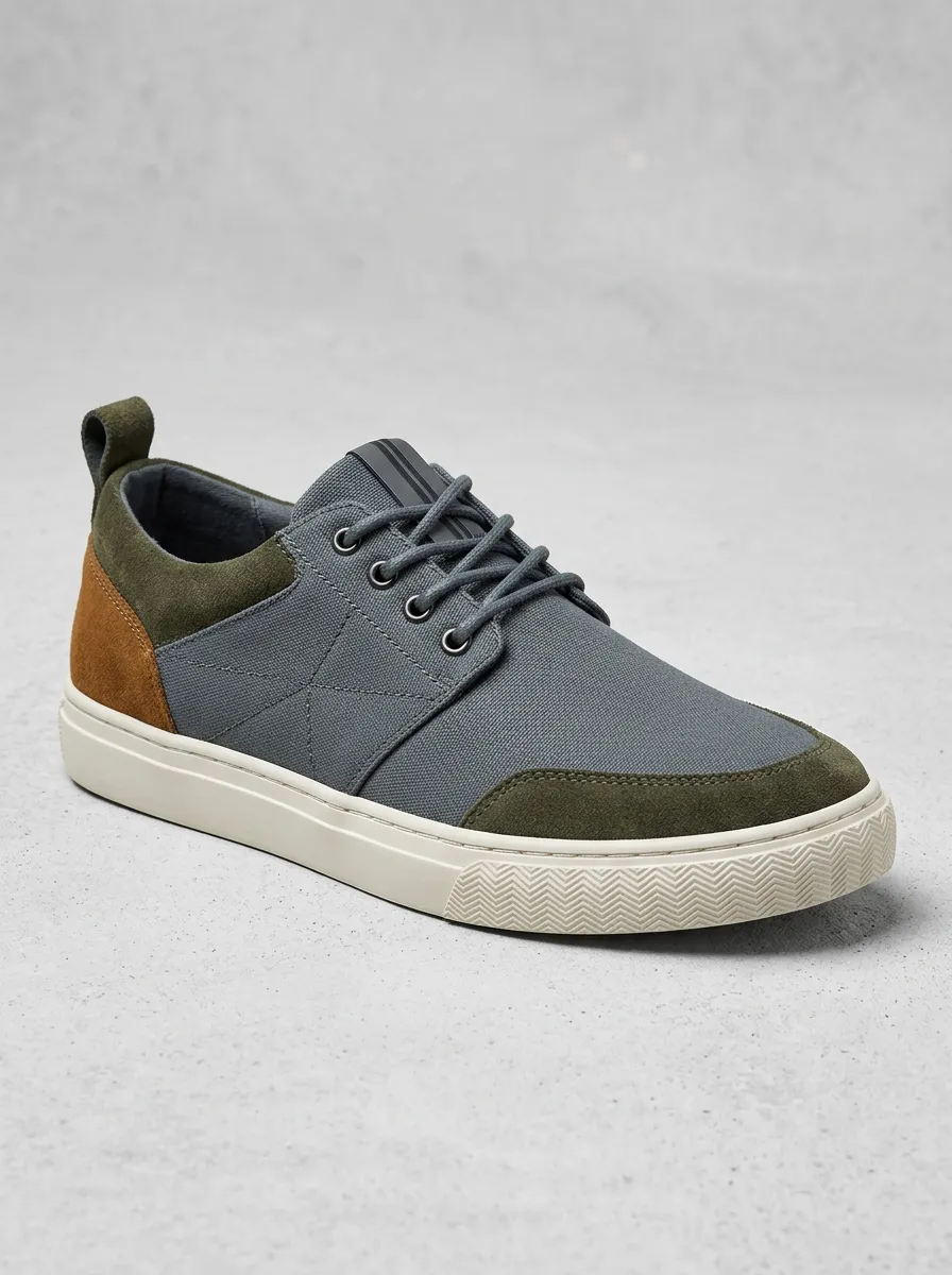 Men's Suede-Look Panel Herringbone-Bumper Canvas Sneakers