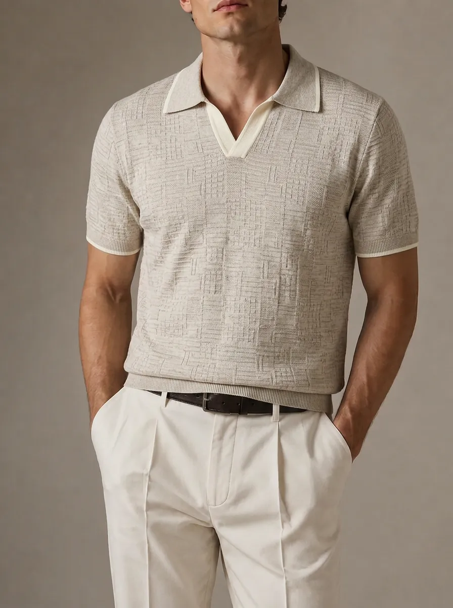 Men's Textured Knit Polo Shirt with Geometric Pattern