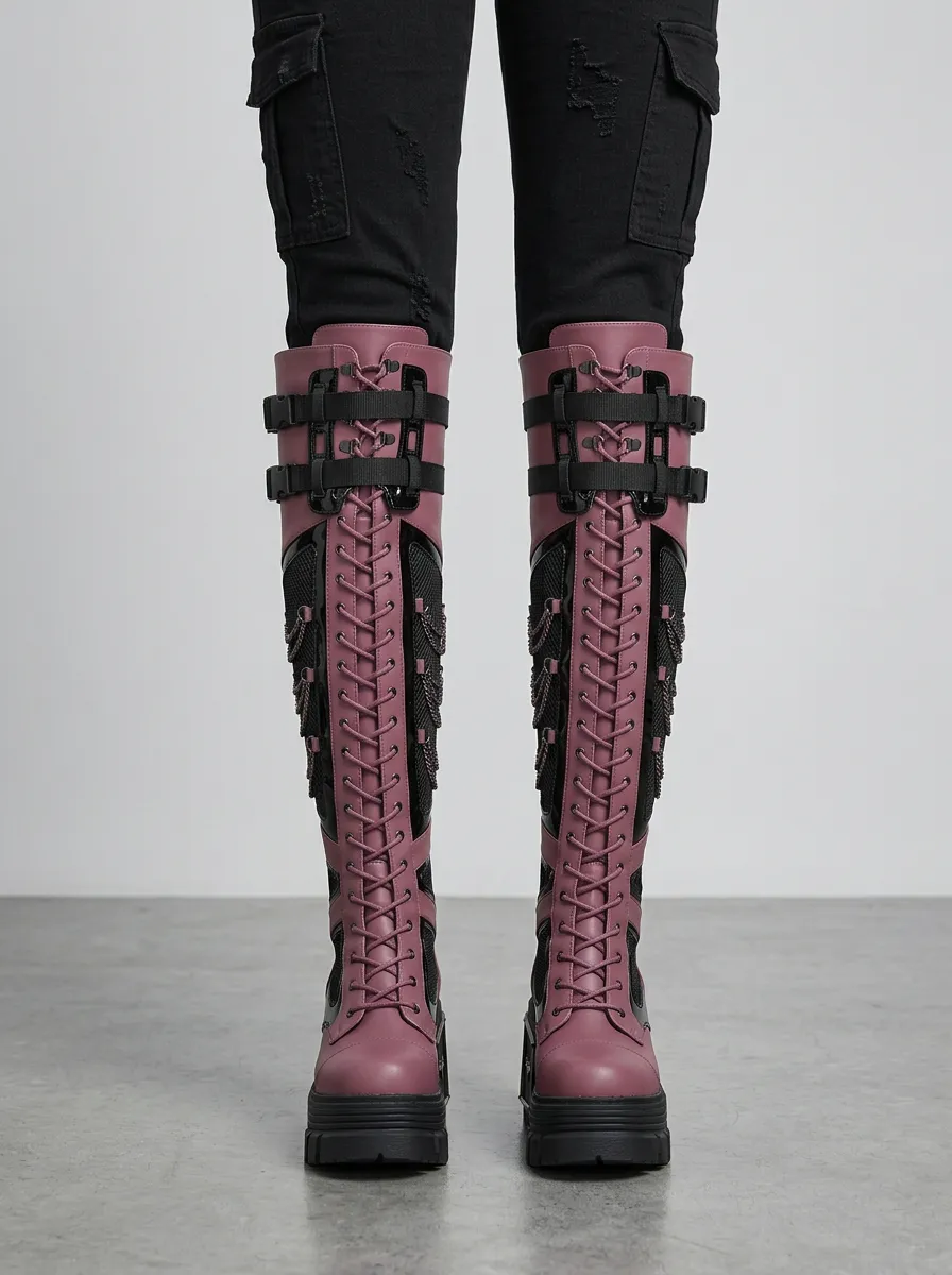 Modern Gothic Lace Lace-Up Chain Night Look Women's Gothic Platform Knee High Boots