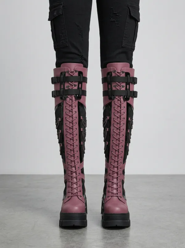 Modern Gothic Lace Lace-Up Chain Night Look Women's Gothic Platform Knee High Boots