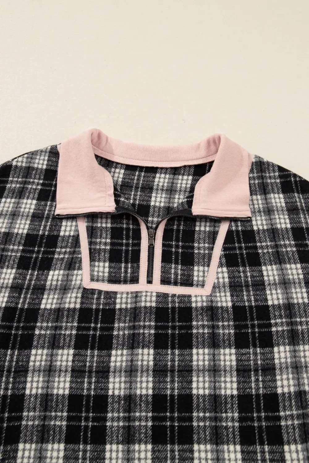 Plaid Polo Collar Zip Up Contrast Trim Shift Long Sleeve Mini Dress