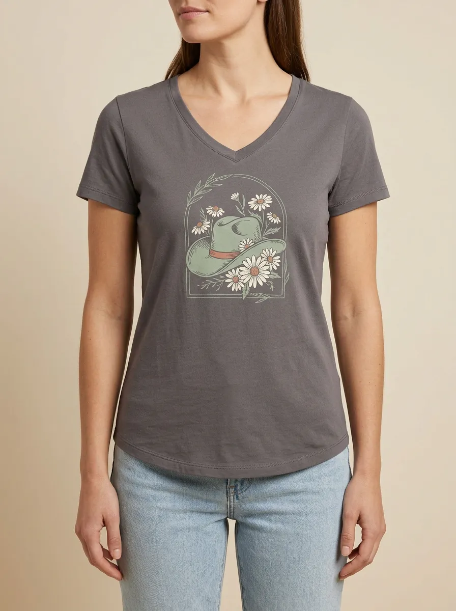Women's Cowgirl Daisy Floral Graphic V-Neck T-Shirt