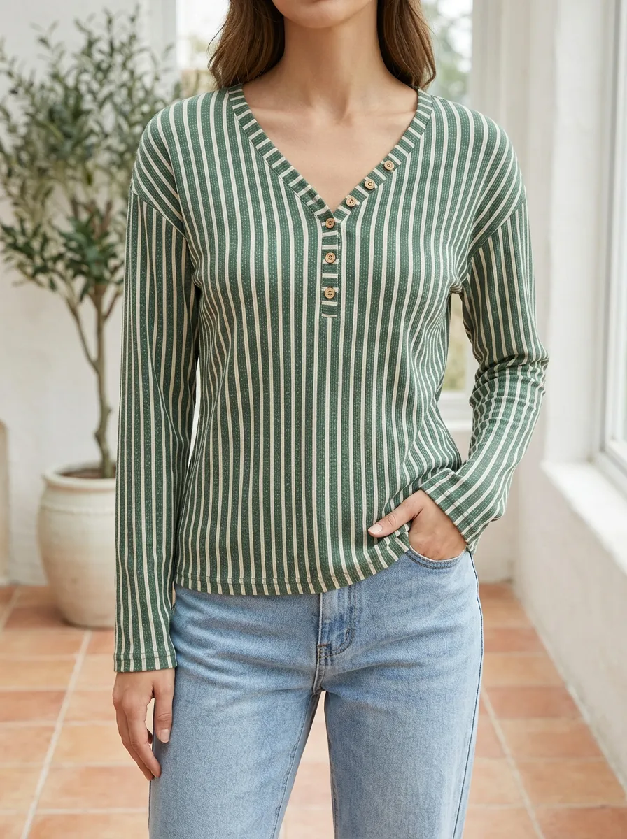 Women's Casual Green Striped Button Down Long Sleeve Henley Top