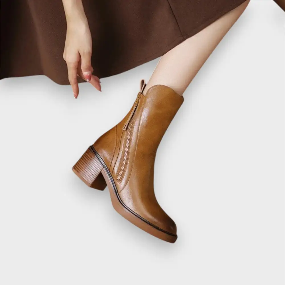 Leather Block Heel Ankle Ankle Boots