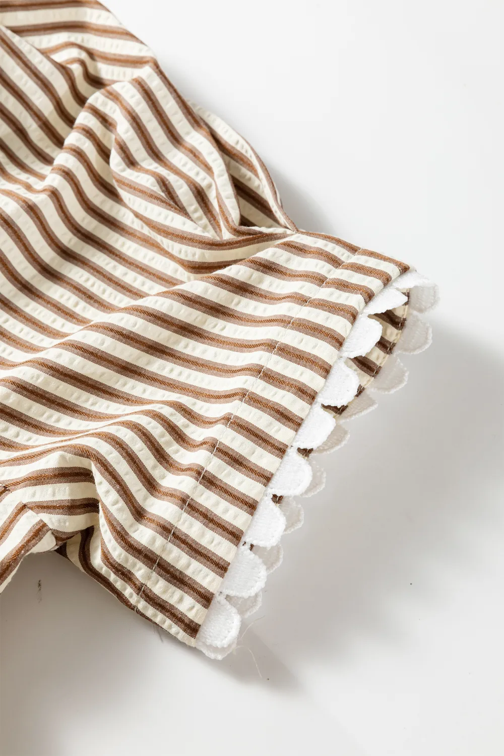 Brown Stripe Ricrac Trim Short Sleeve Blouse