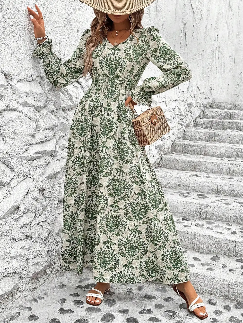 Boho Floral V-Neck Long-Sleeve Smocked Waist Swing Maxi Casual Dress