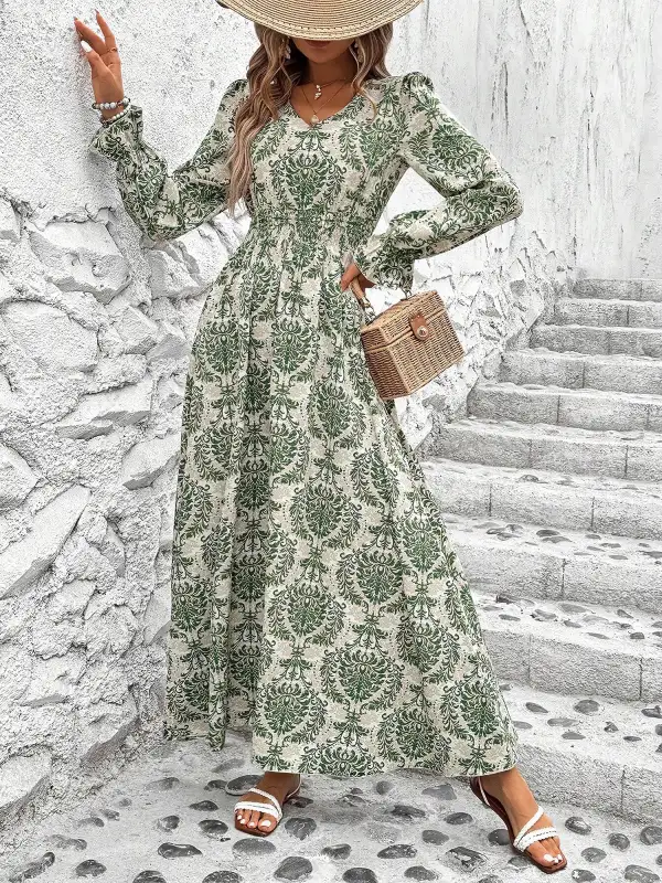 Boho Floral V-Neck Long-Sleeve Smocked Waist Swing Maxi Casual Dress