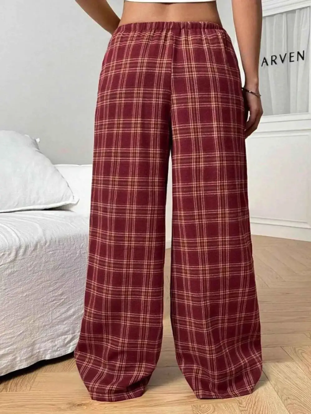 Plaid Drawstring Wide-Leg Pants