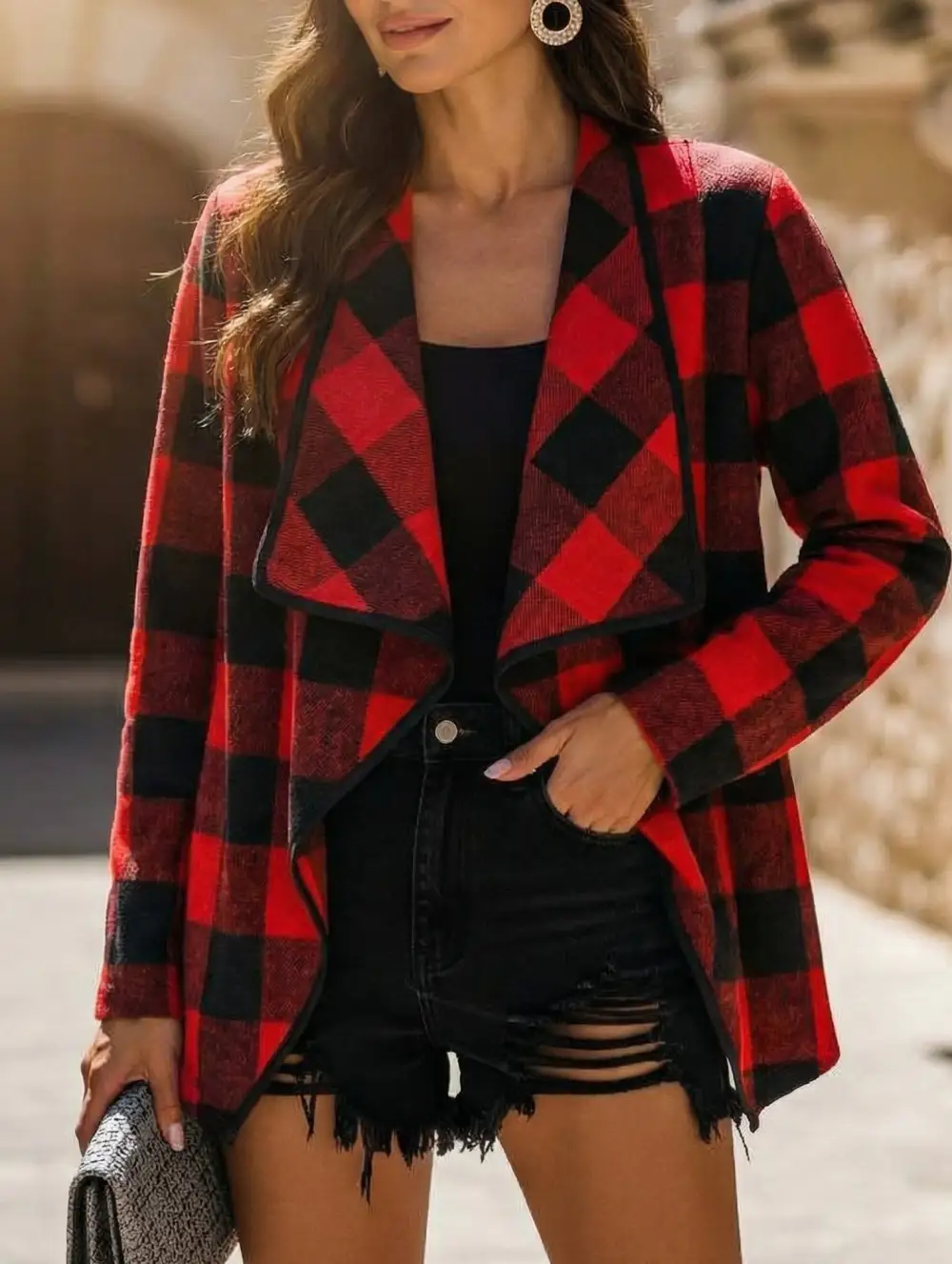 Plaid Long Sleeve Open Front Top