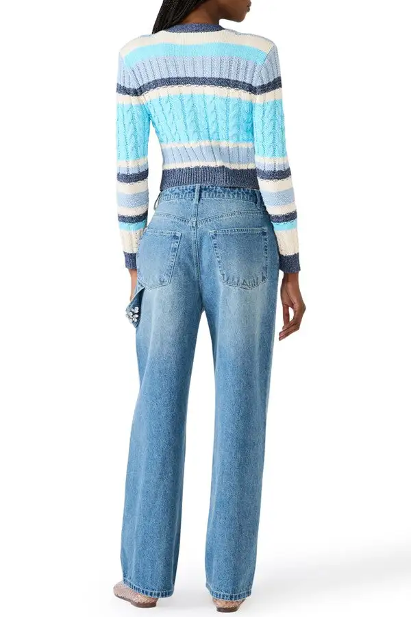 Turquoise Striped Cropped Cardigan