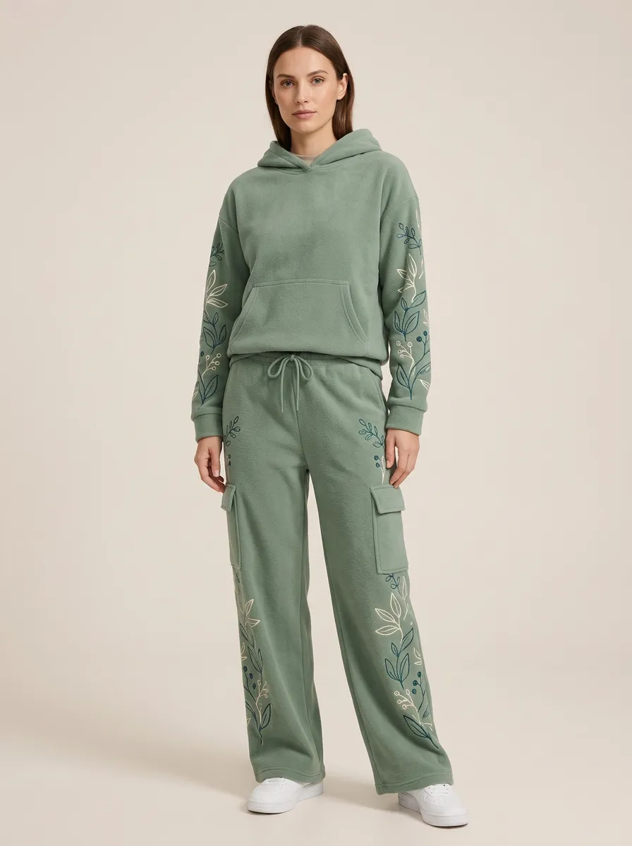 Women's Embroidered Fleece Hoodie And Cargo Jogger Set
