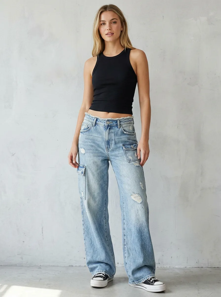 Women's Classic Distressed Cargo Wide Leg Denim Baggy Jeans