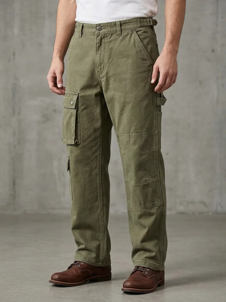 Men's Olive Green Multi-Pocket Utility Reinforced Knee Cargo Pants