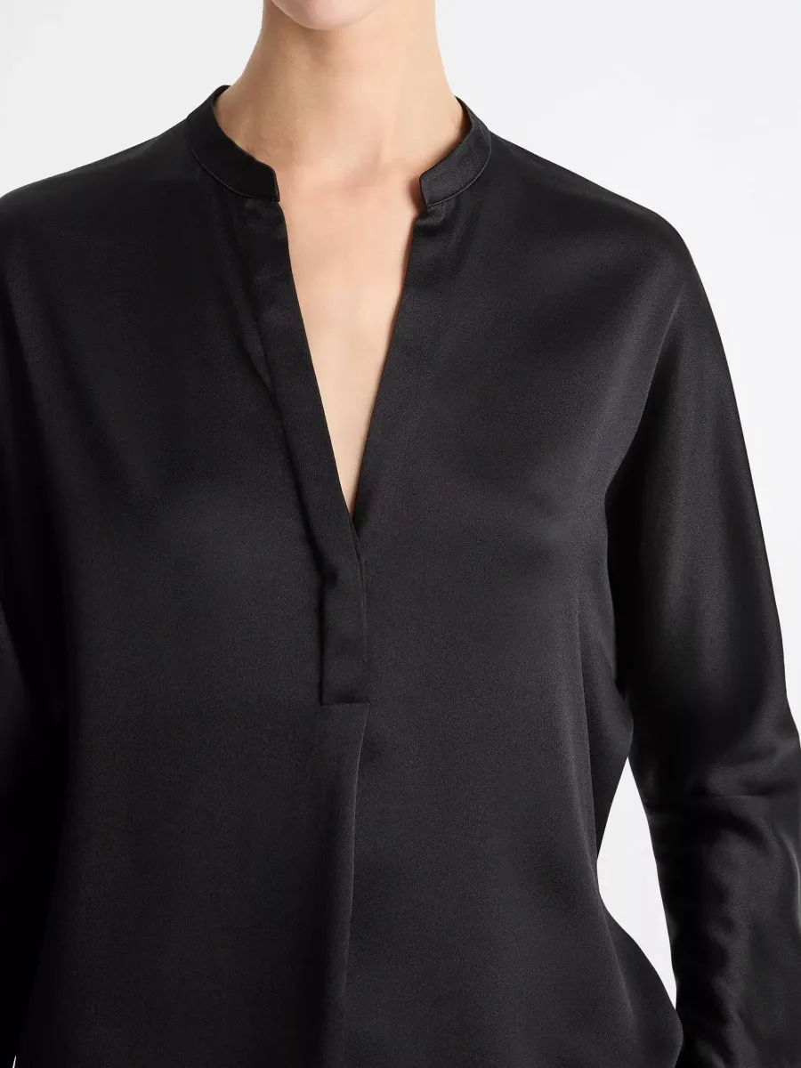Plain Notched Long Sleeve Blouse