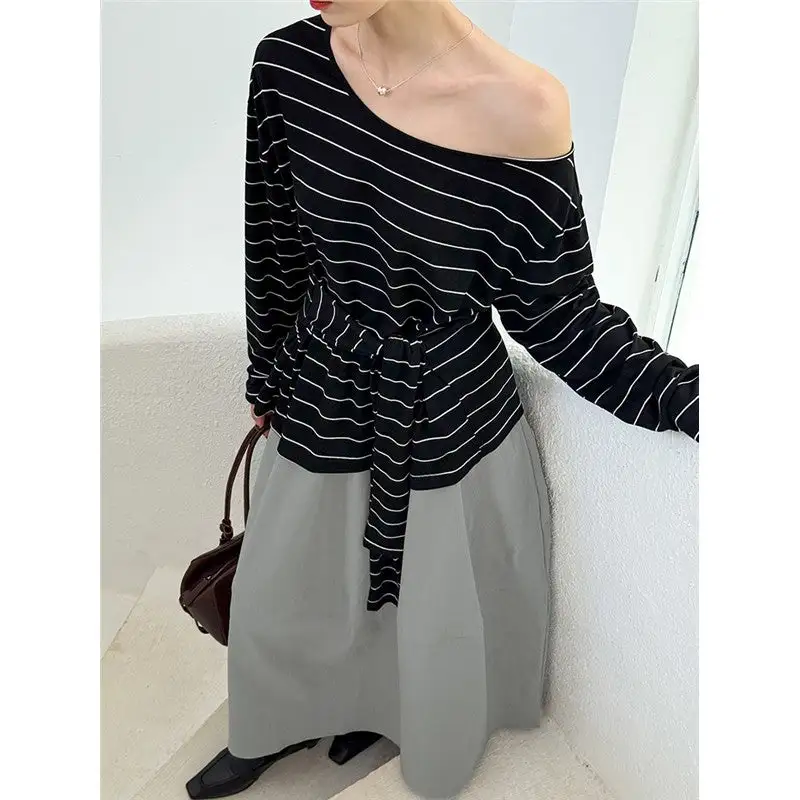 Off Shoulder Long Sleeve Tie Striped T-Shirt