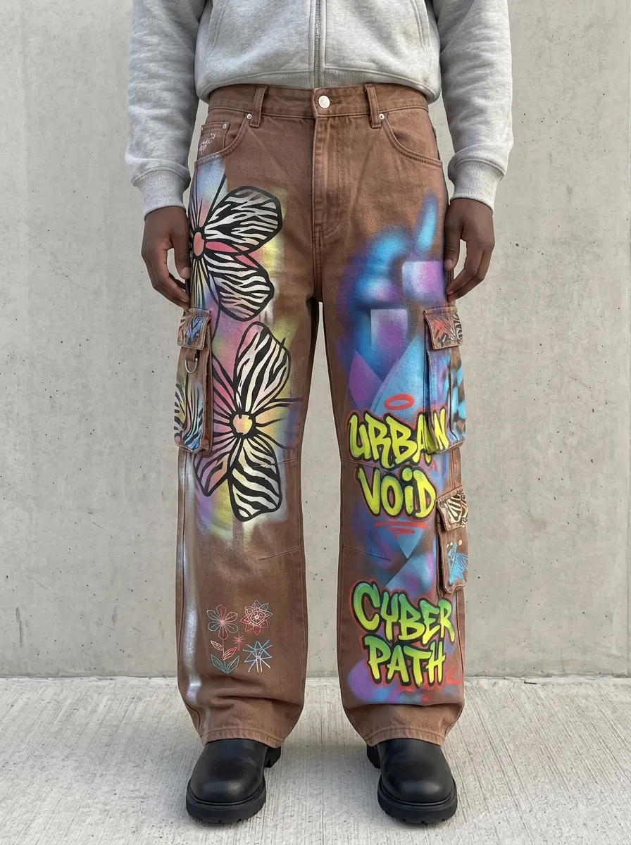 Men's Streetwear Urban Void Graffiti Floral Graphic Cargo Jeans