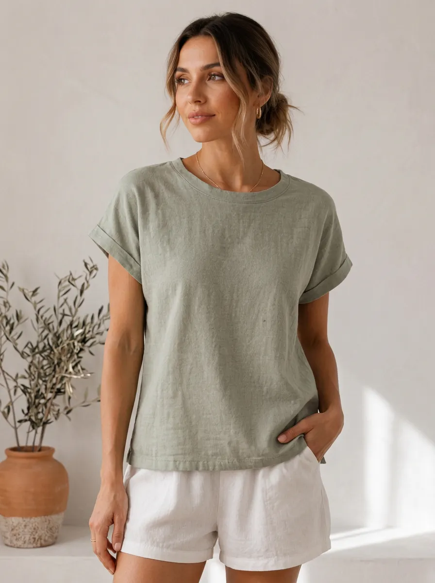 Women's Casual Minimalist Sage Green Rolled Sleeve T-shirt