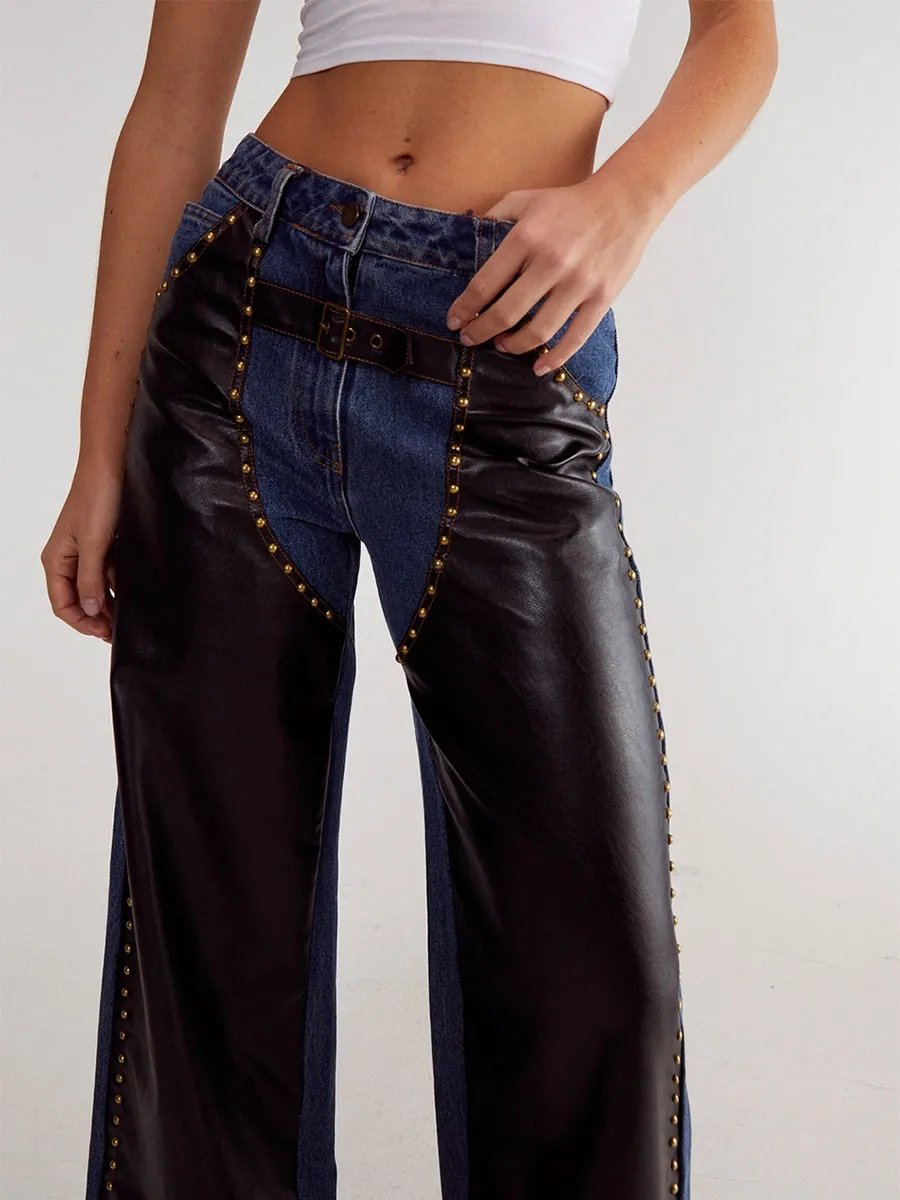 Women's Stylish Denim-Leather Studded Wide-Leg Pants