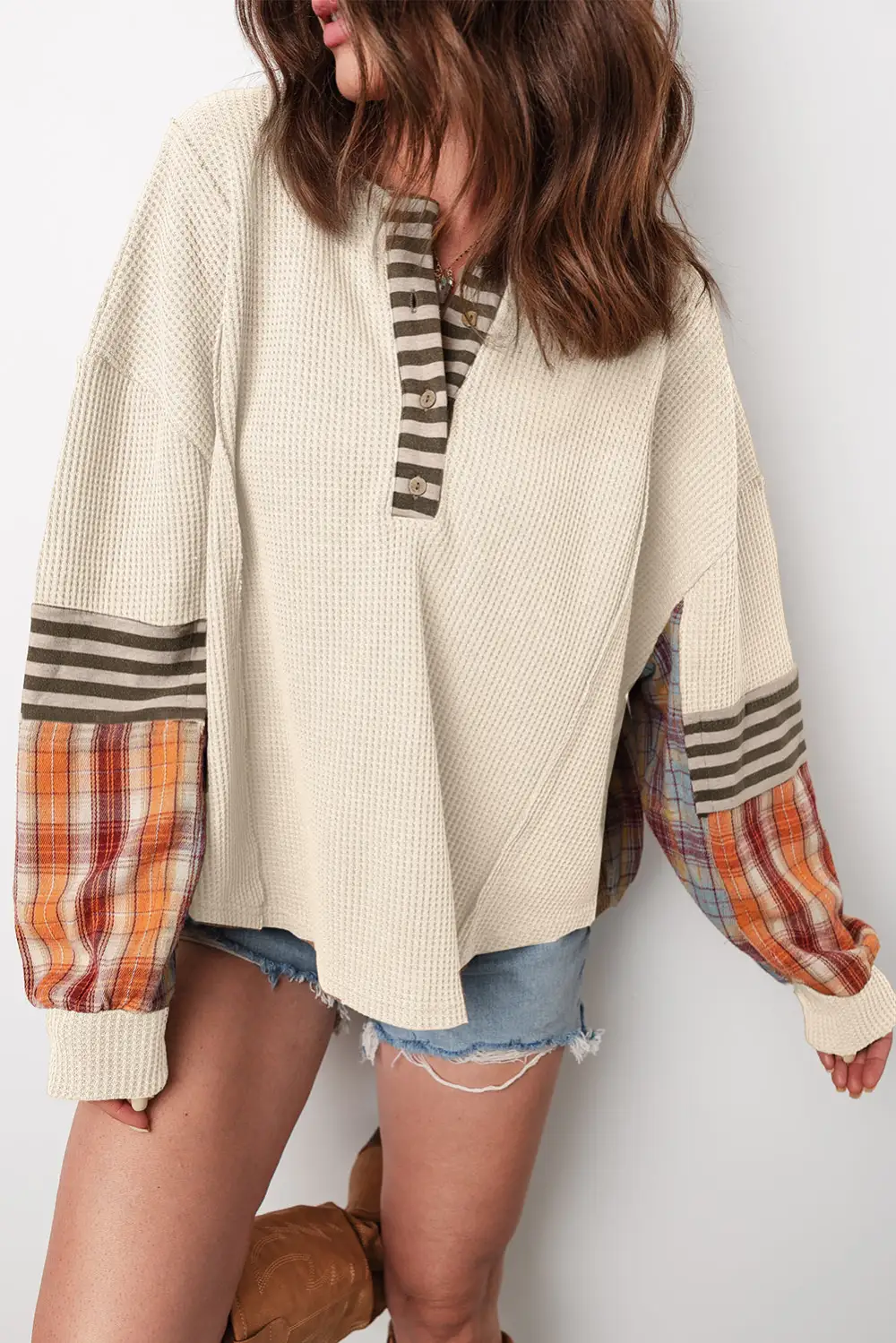 Women's Plaid Striped Waffle Knit Top