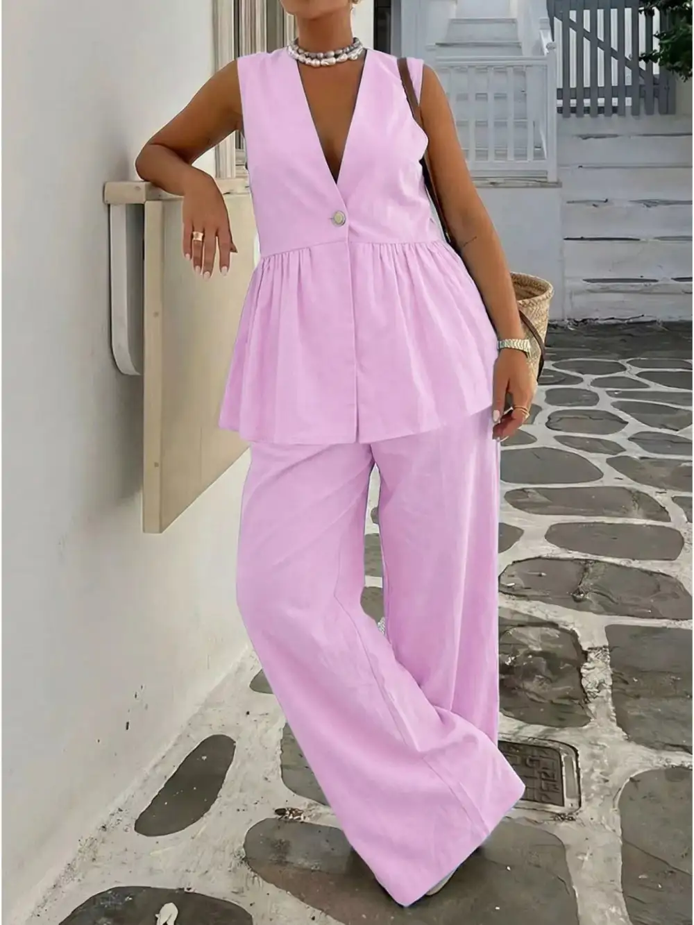 V Neck Sleeveless Peplum Top and Wide Leg Pants