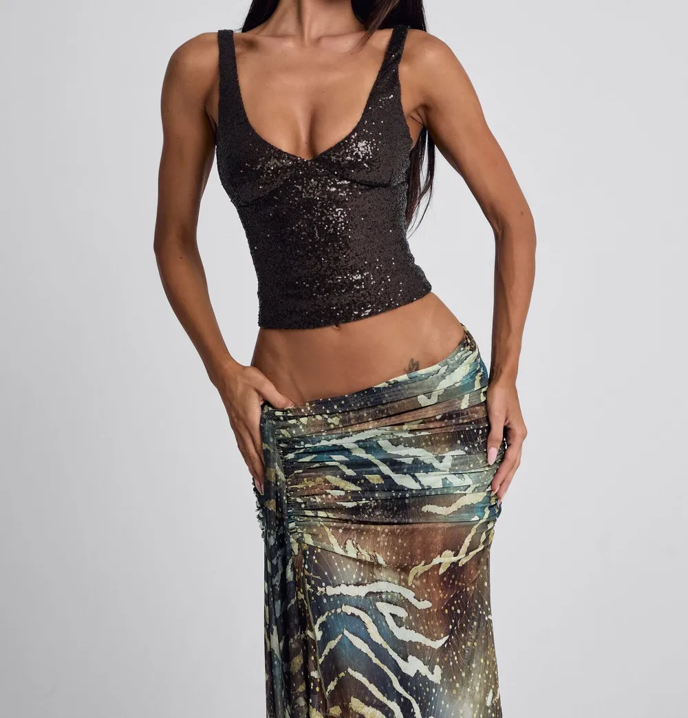 Dark Brown Sequin Lace Up Corset Top