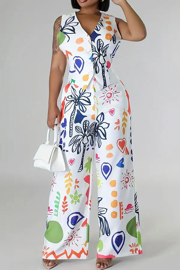 Graffiti Print Wide-Leg V-Neck Pant Set