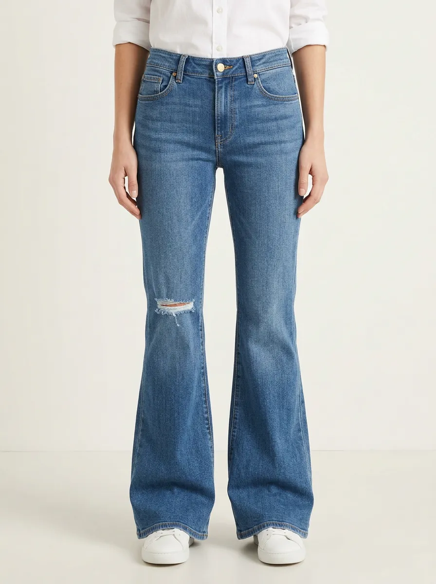 Women's Mid-Rise Right-Knee Whiskered Contrast-Stitch Flare Jeans