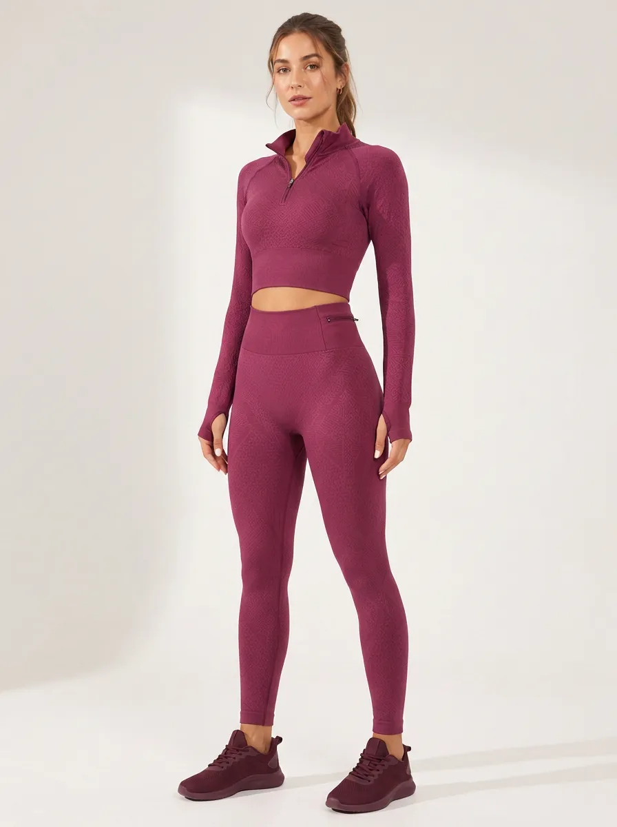 Women's Fitness Gym Burgundy Textured Quarter-Zip Legging Set