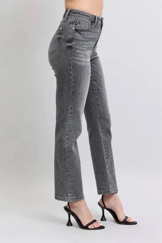 High Waist Rhinestone Straight Plus Denim Jeans