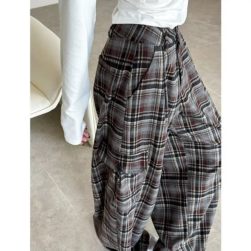 Classic Loose Fit Plaid Wide Leg Floor Length Pants