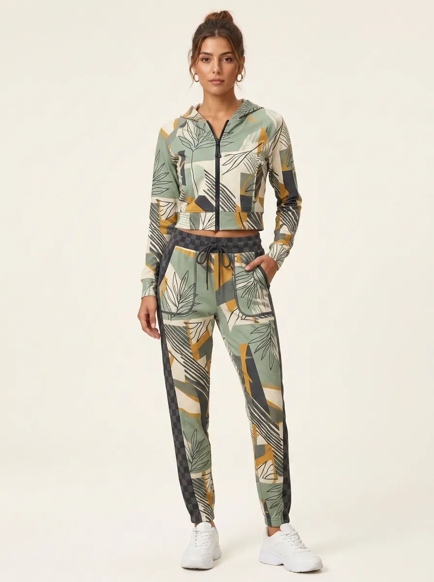 Women's Activewear Geometric Leaf Printed Zip-up Hoodie Jogger Set