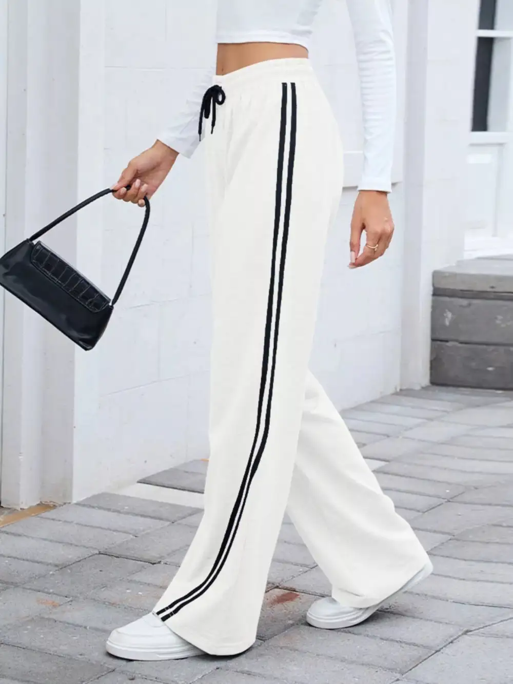 Wide Leg Striped Drawstring Everyday Pants