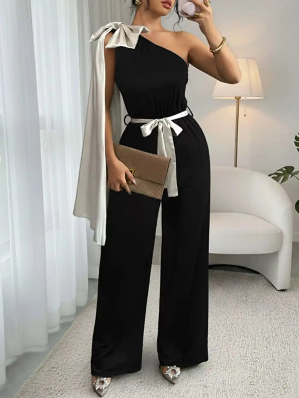 One Shoulder Bowknot Wide Leg Jumpsuit