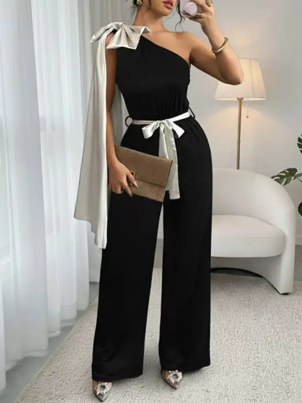 One Shoulder Bowknot Wide Leg Jumpsuit