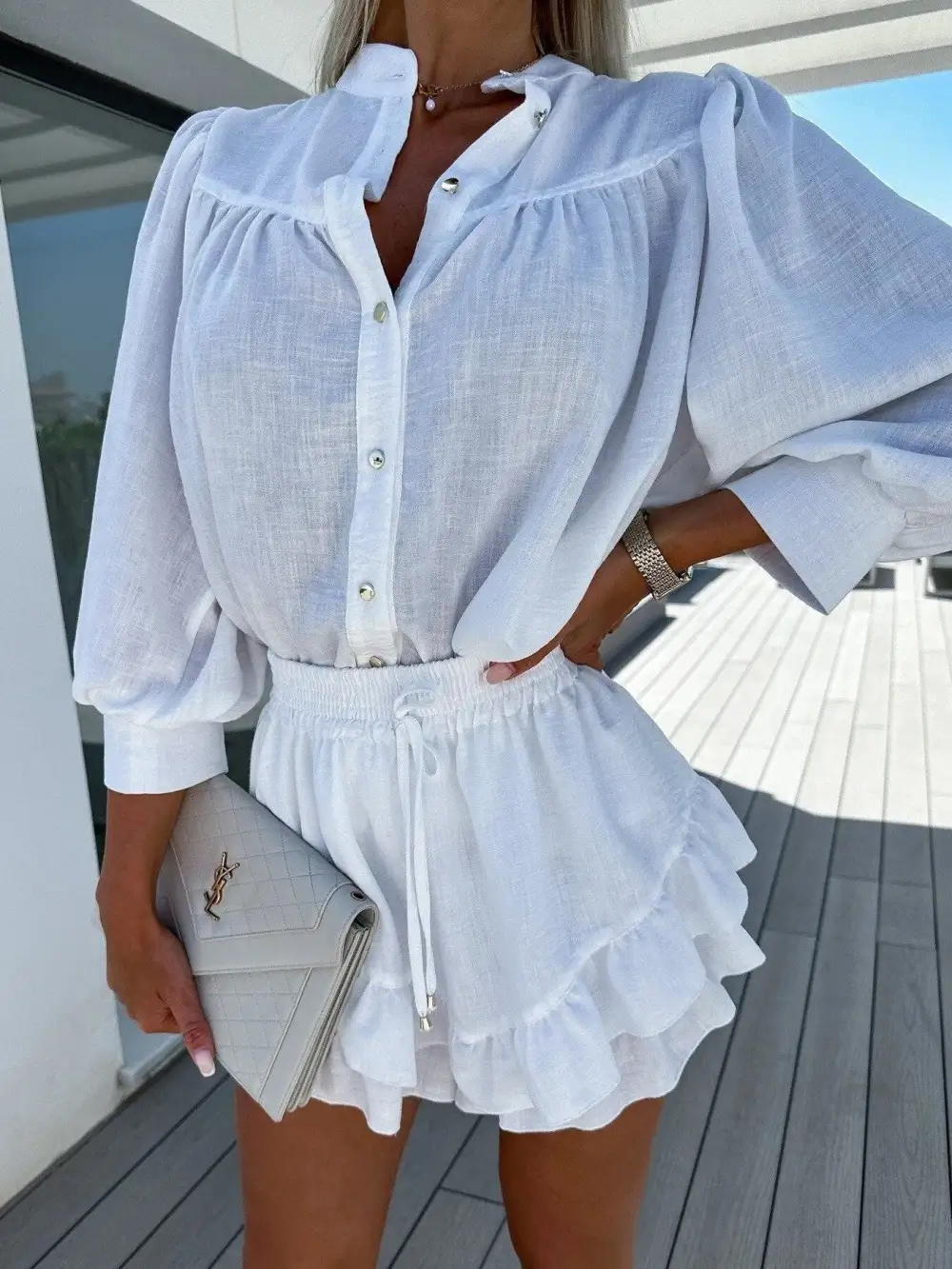Airy Button Front Ruffle Trim Coordinated Set