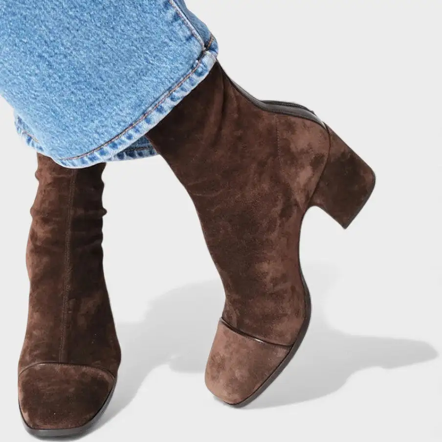 Suede Block Heel Square Toe Ankle Boots
