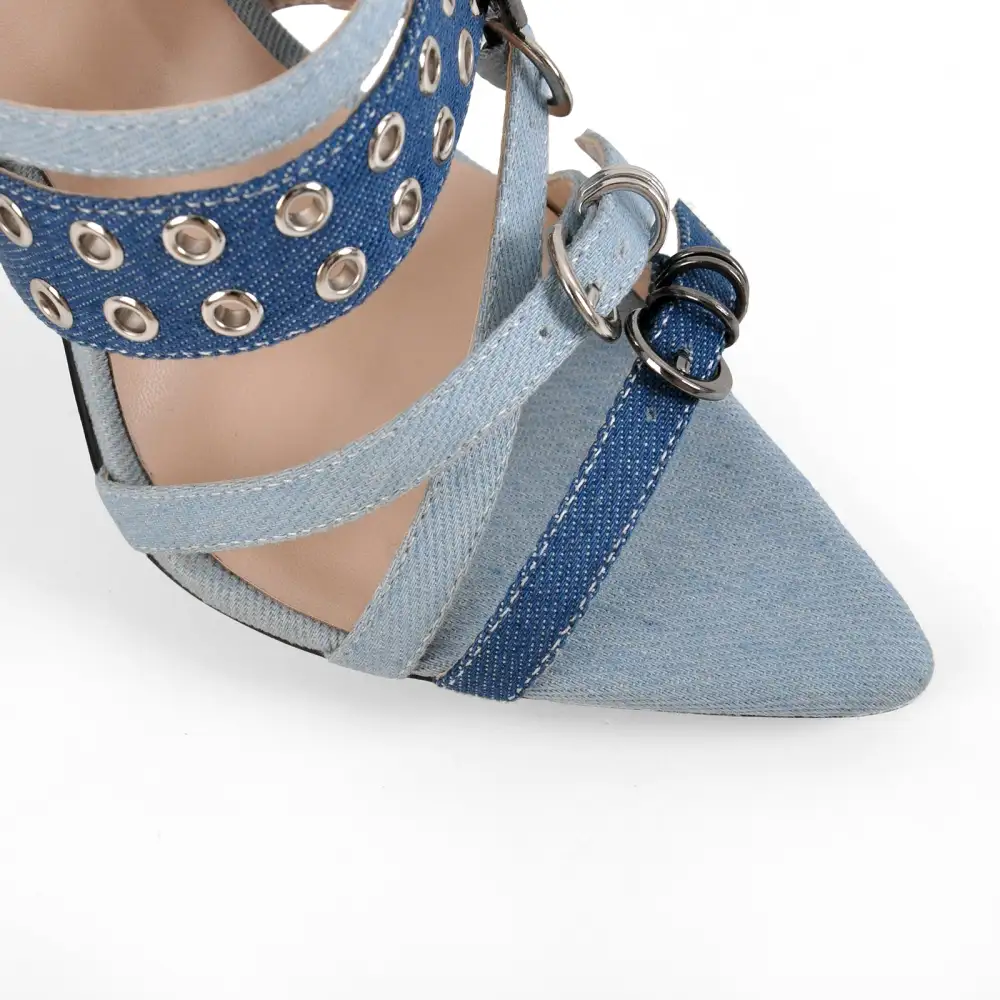 Denim Pointed Toe Buckle Strap Mule Sandals