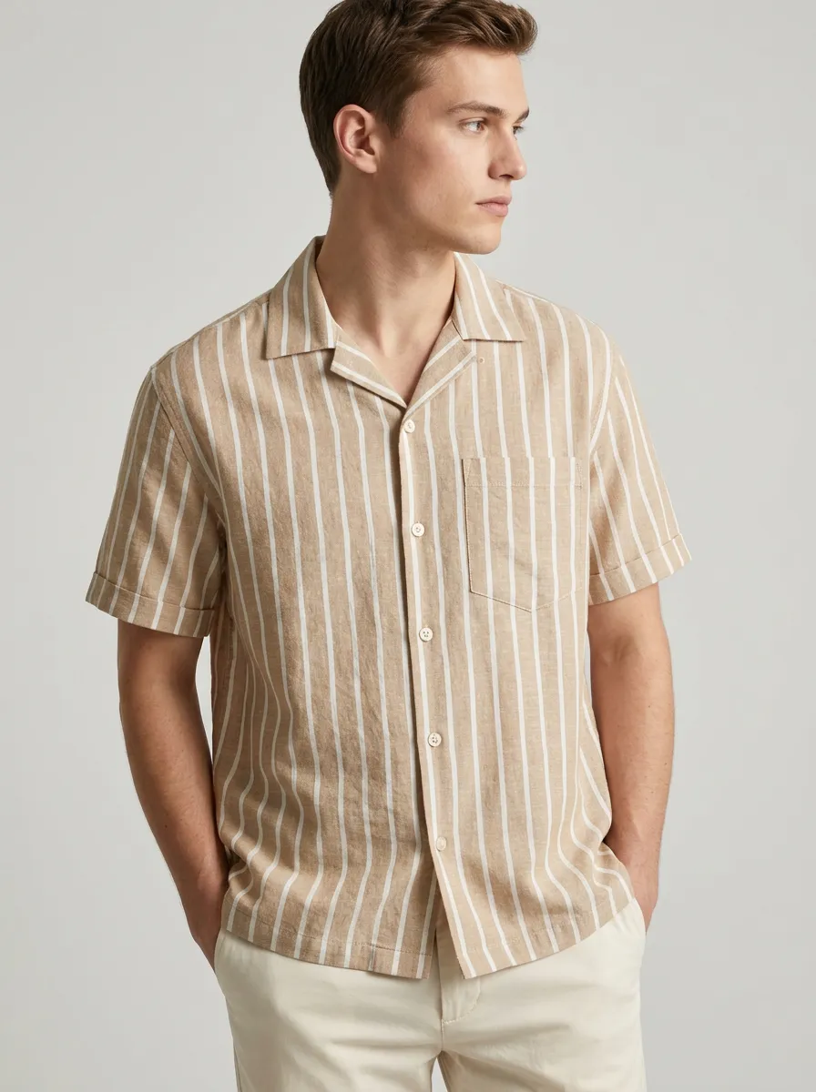 Men's Casual Summer Breathable Beige Striped Printed Shirt